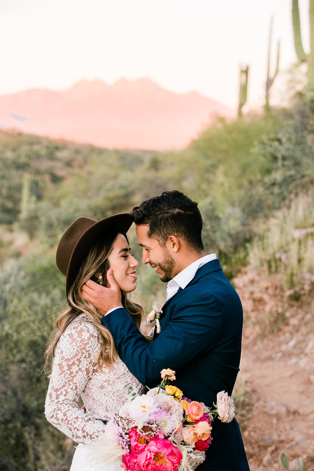 Bright Colorful Desert Oasis Elopement Arizona Long Sleeve Lace Wedding Dress Aimee Flynn Photo15